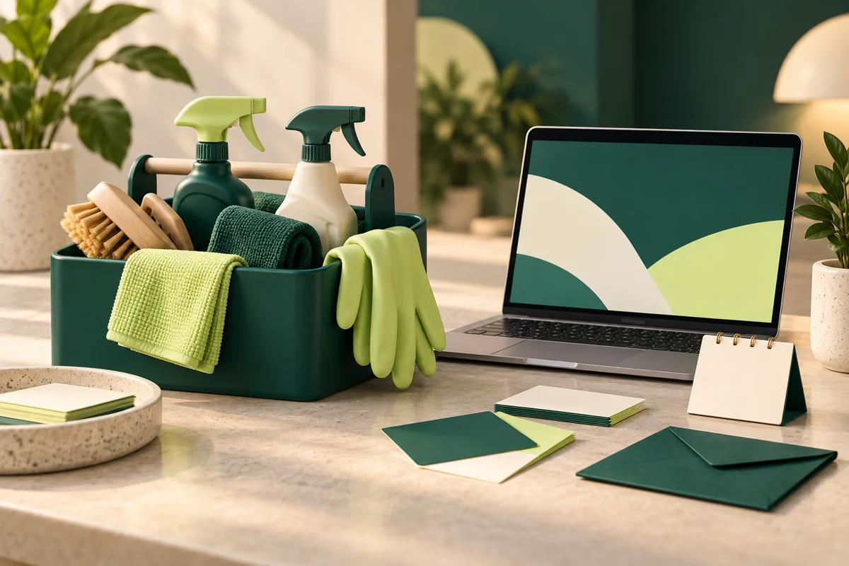 Illustration of cleaning equipment beside a laptop, calendar and customer messages