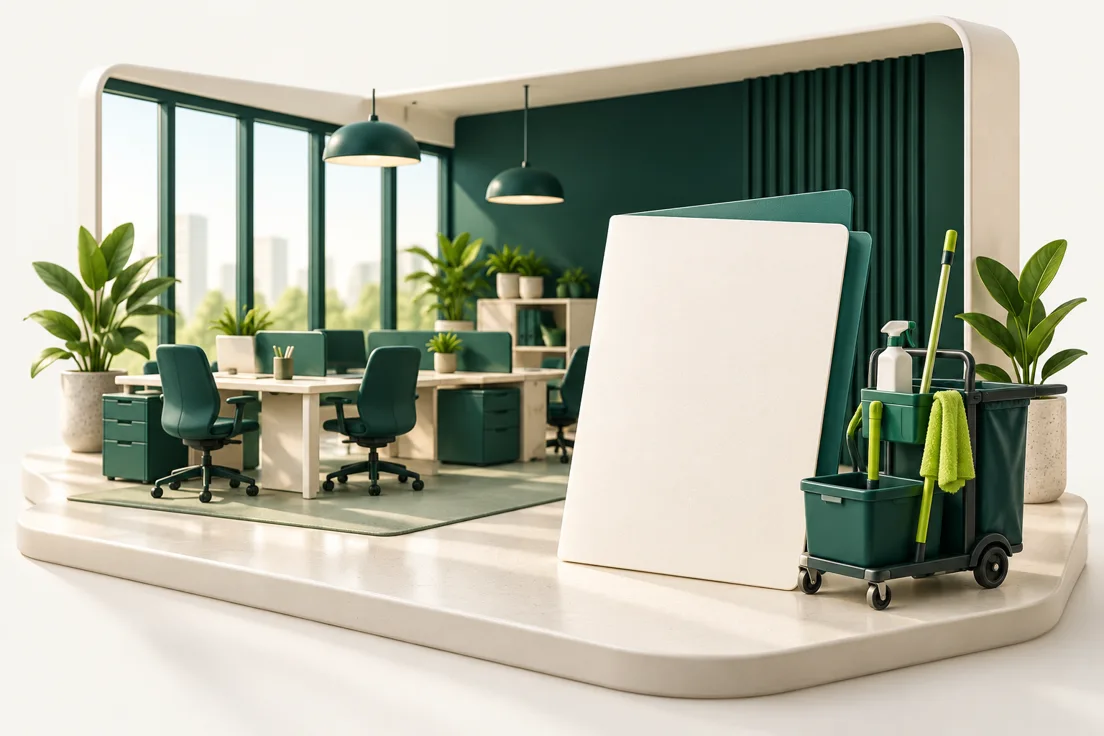 Concept illustration of an office and commercial cleaning equipment
