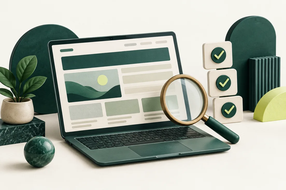 Concept illustration of a laptop website review and checklist