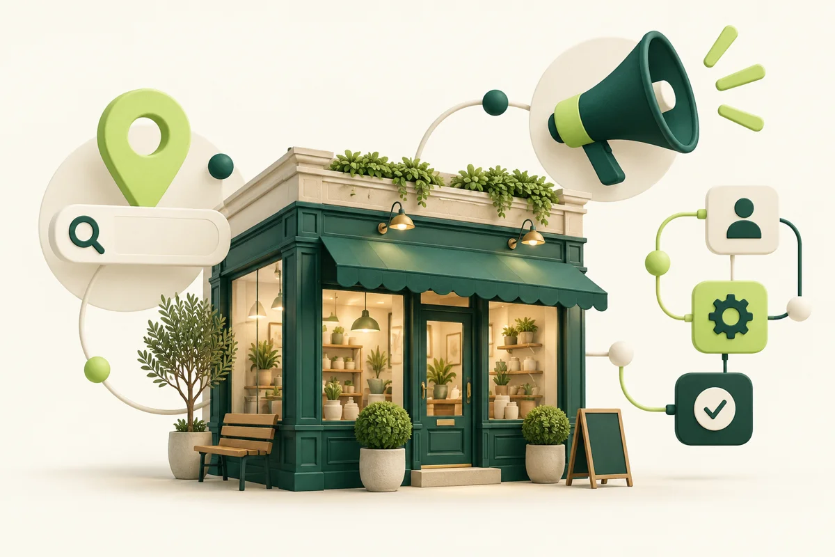 Illustration of a small shop connected to local search, advertising and business workflows