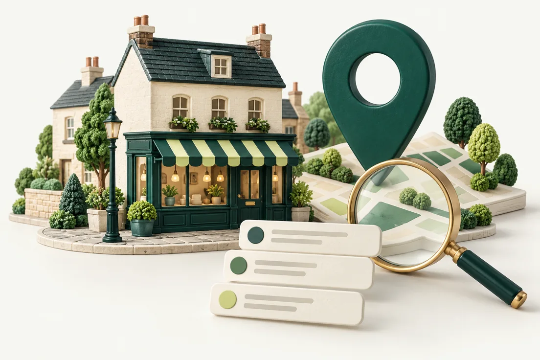 Concept illustration of a storefront, map pin and search cards