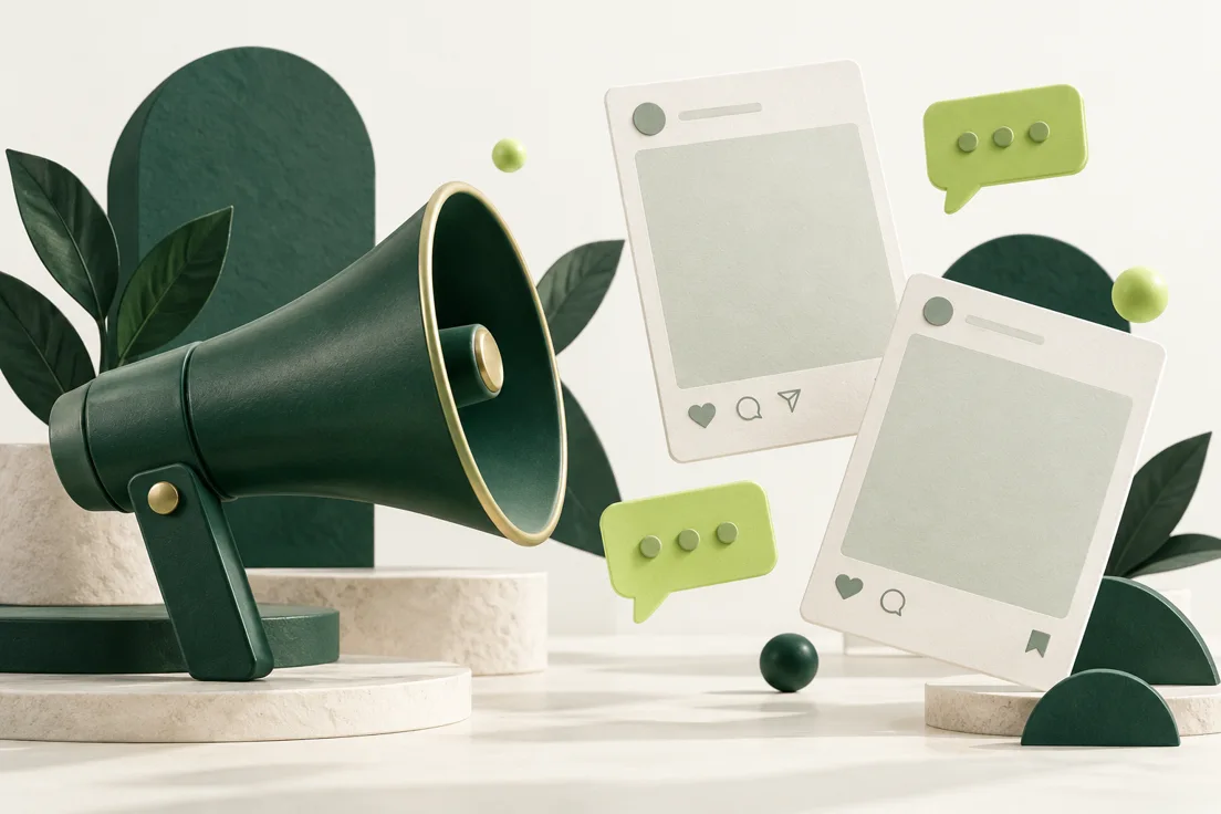 Concept illustration of a megaphone and social advertising cards